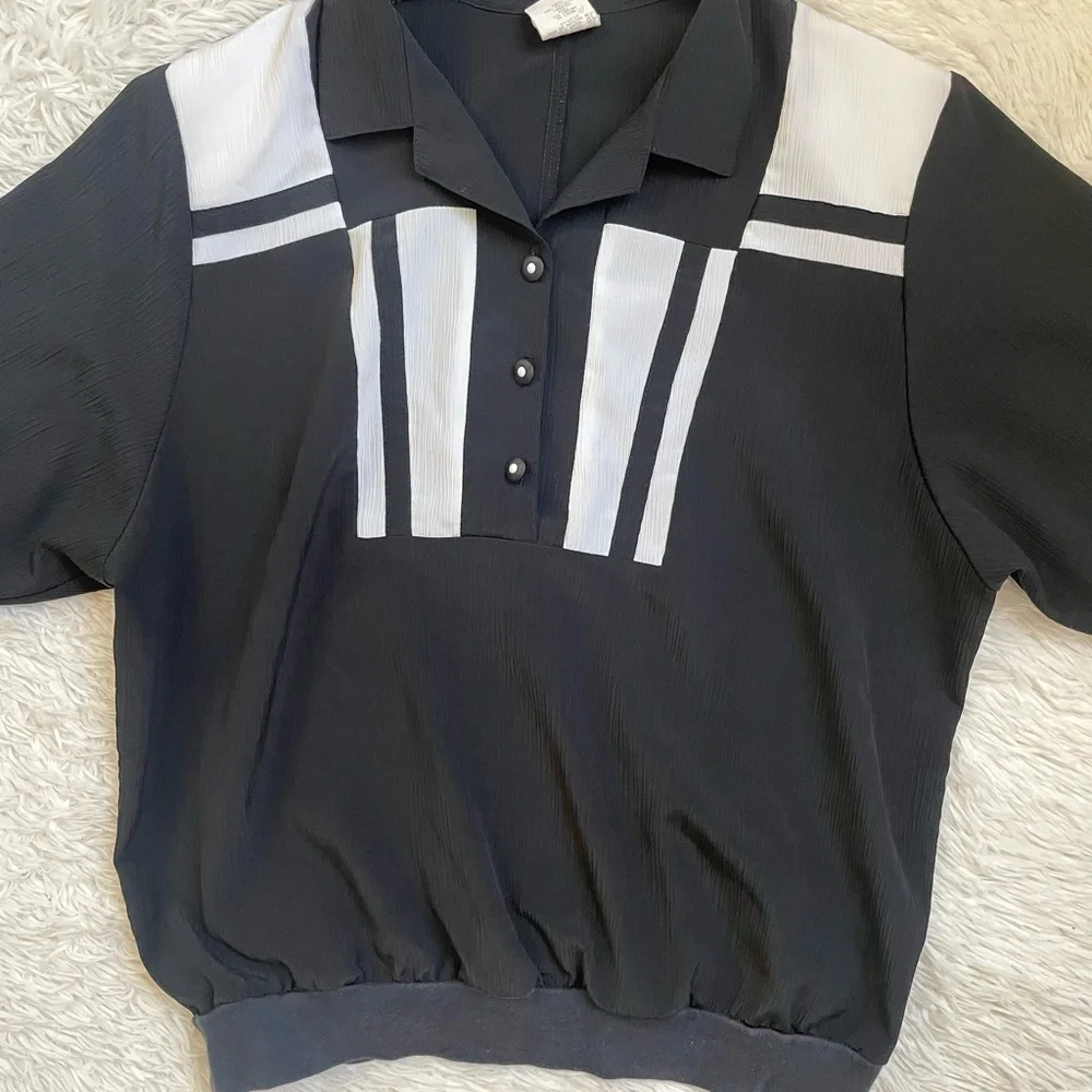Vintage 80s retro color block casual black and white top - Picture 6 of 13